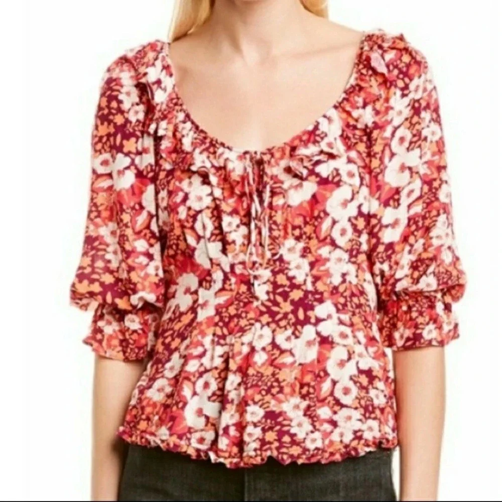 Free People Sweet Memories‎ Pink Multi Floral Print Ruffled Puff Sleeve Top XS